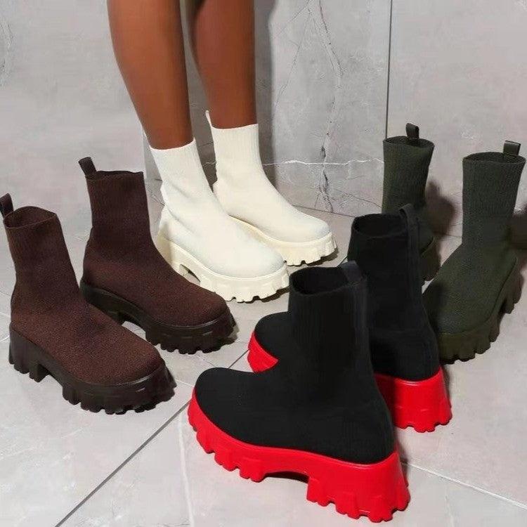 Round-Toe Knit-Style Short Boots