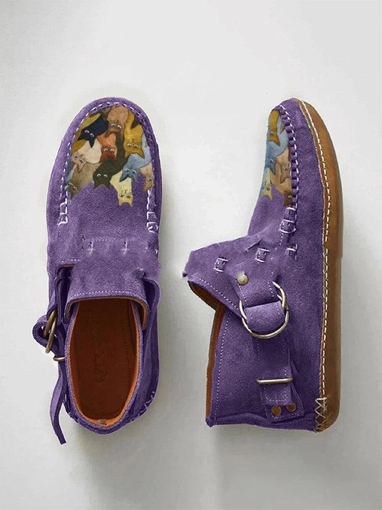 Cat-Print Flat Ankle Boots with Buckle Closure