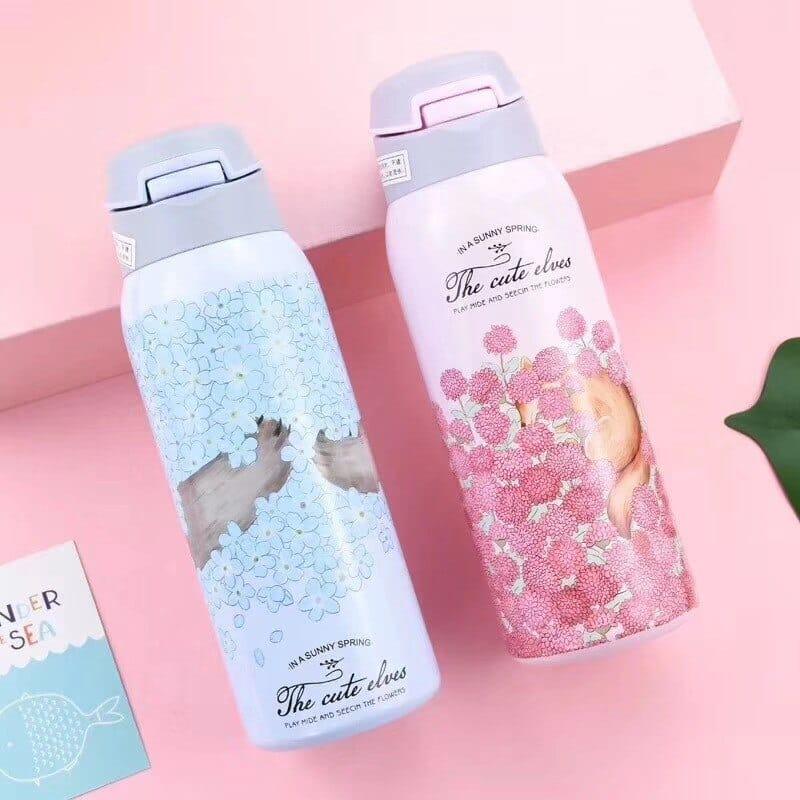 Floral Double Wall Water Bottle with Straw - Trendha