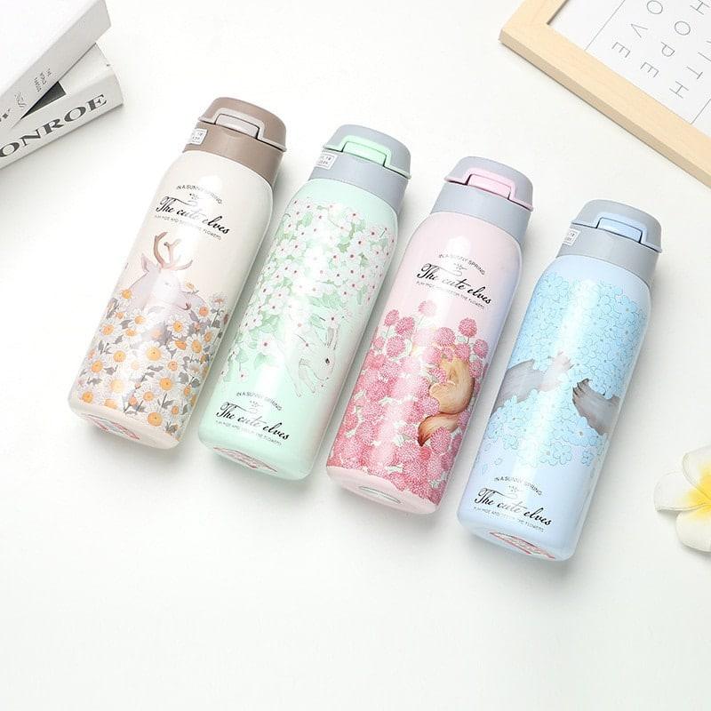 Floral Double Wall Water Bottle with Straw - Trendha