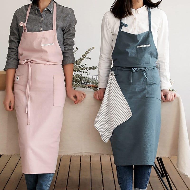 Solid Linen Bib Apron with Pockets for Cafe Barista - Trendha