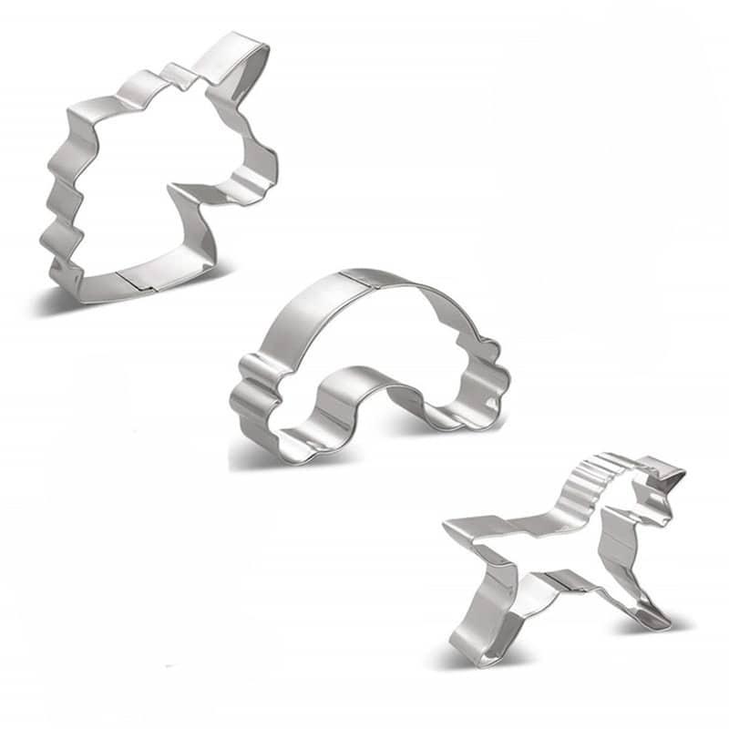 Three Cookie Cutters in Shape of Unicorn and Rainbow