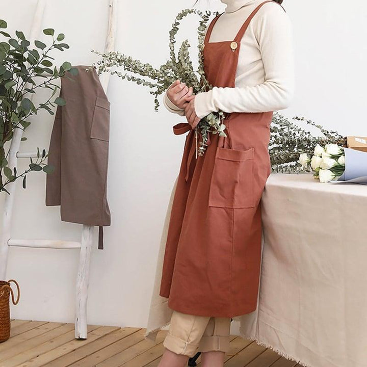 Women's Minimalist Linen Barista Apron with Buttons - Trendha