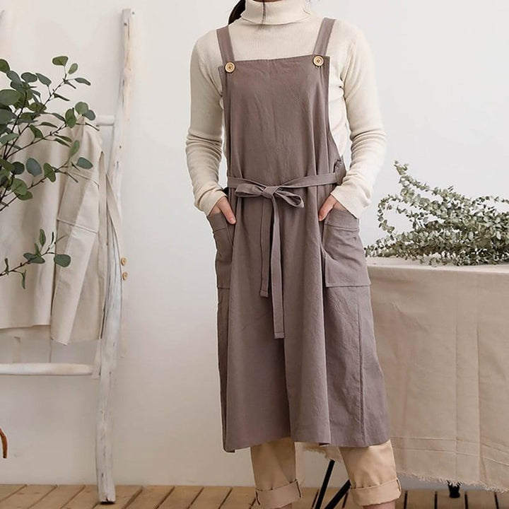 Women's Minimalist Linen Barista Apron with Buttons - Trendha