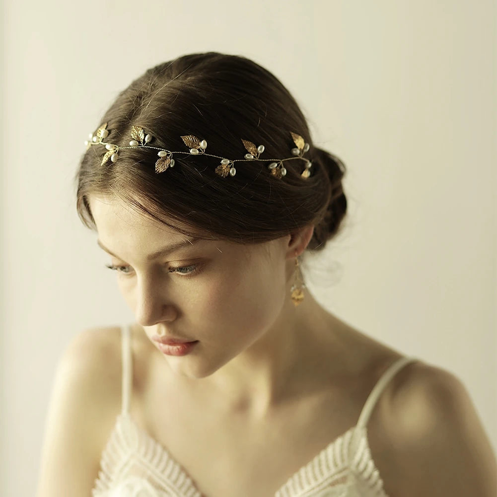 Pearl Flower Leaf Headband Crown – Elegant Bridal Wedding Hairpiece