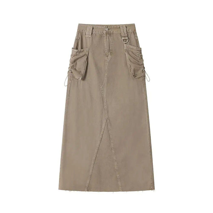 Autumn Vintage High Waist Denim Cargo Skirt with Pockets