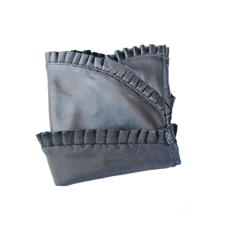 Women's Leather Fashion Ruffled Half-finger Gloves