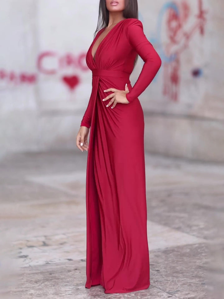 V-neck Long-sleeved Solid Color Maxi Dress