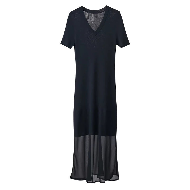 V-Neck Knitted Dress with Chiffon Spliced Short Sleeves