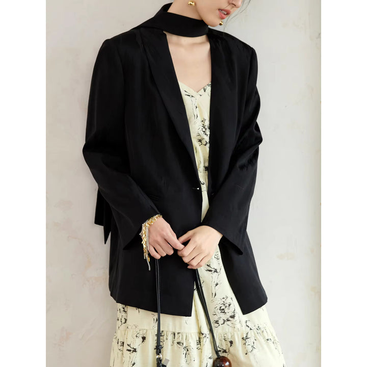 Elegant Black Blazer Coat with Neckline Ribbon Design for Office Ladies