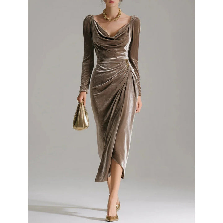Long Sleeve Pleated Long Slit Velvet Sheath Dress