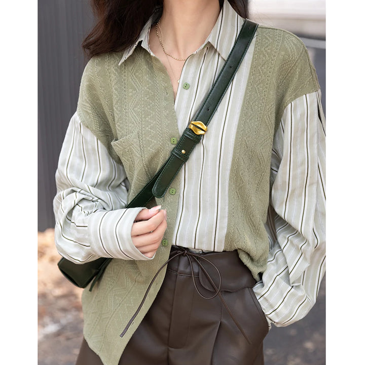 Autumn Korean Knitted Patchwork Striped Turndown Collar Casual Tops for Women