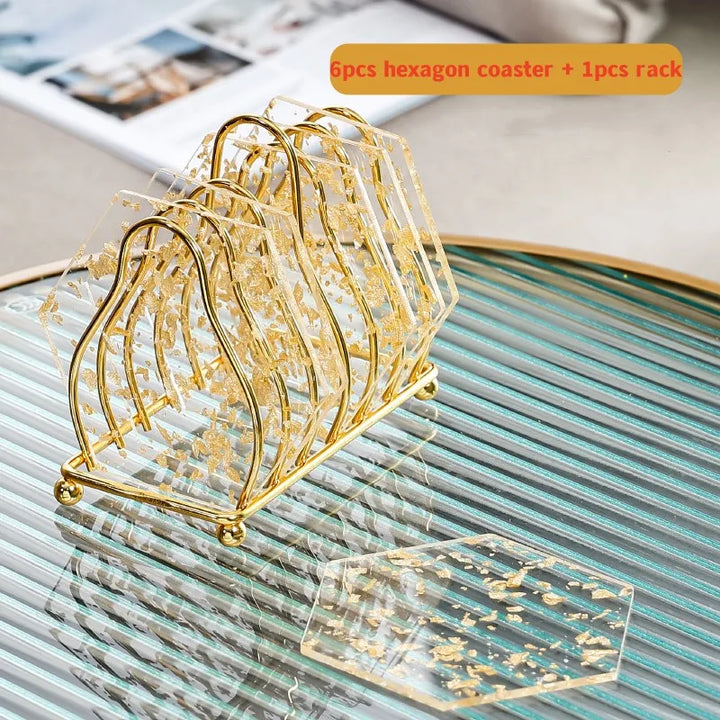 6pcs Acrylic Gold Foil Coaster Set with Holder