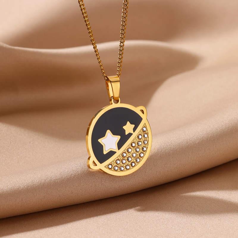 Gold Celestial Star & Planet Pendant Necklace - Trendy Stainless Steel Jewelry