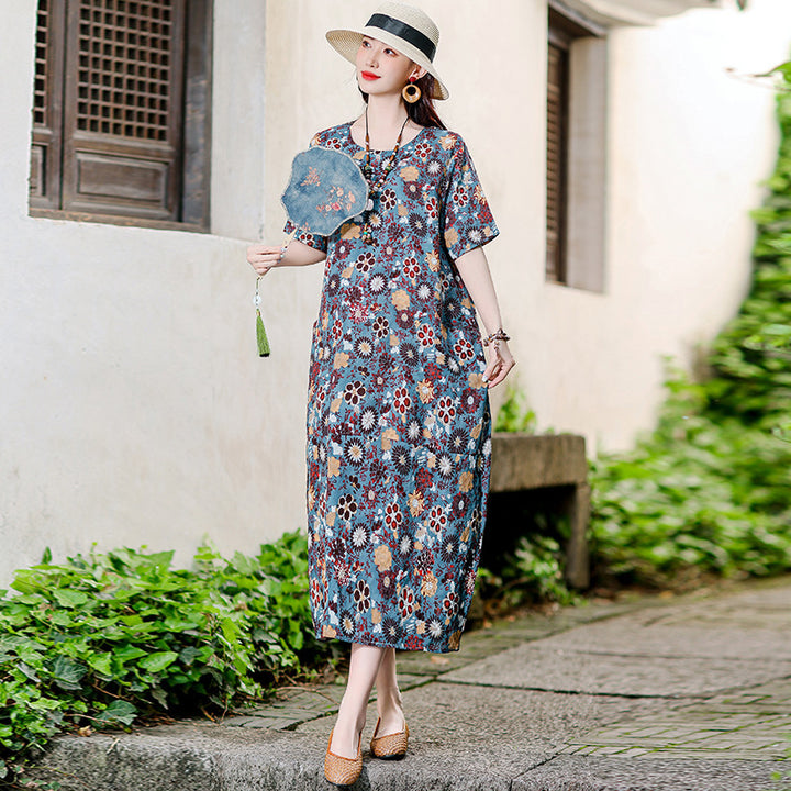 Women's Casual Versatile Cotton And Linen Floral Dress