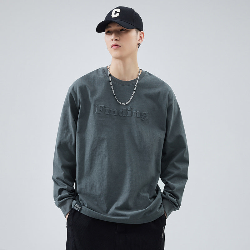 Loose Cotton Long-Sleeve Top with Embossed Lettering