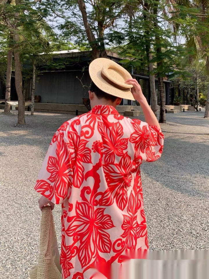 American-style Retro Red Vine Printed Short-sleeved Shirt For Men