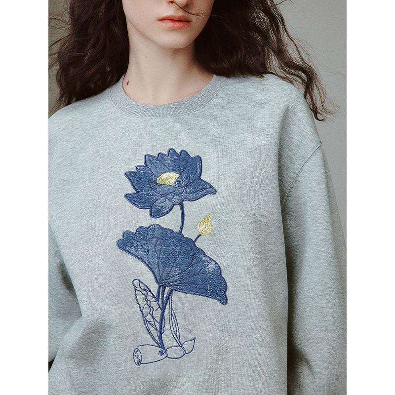 Women's Autumn Lotus Patchwork Embroidered Sweatshirt