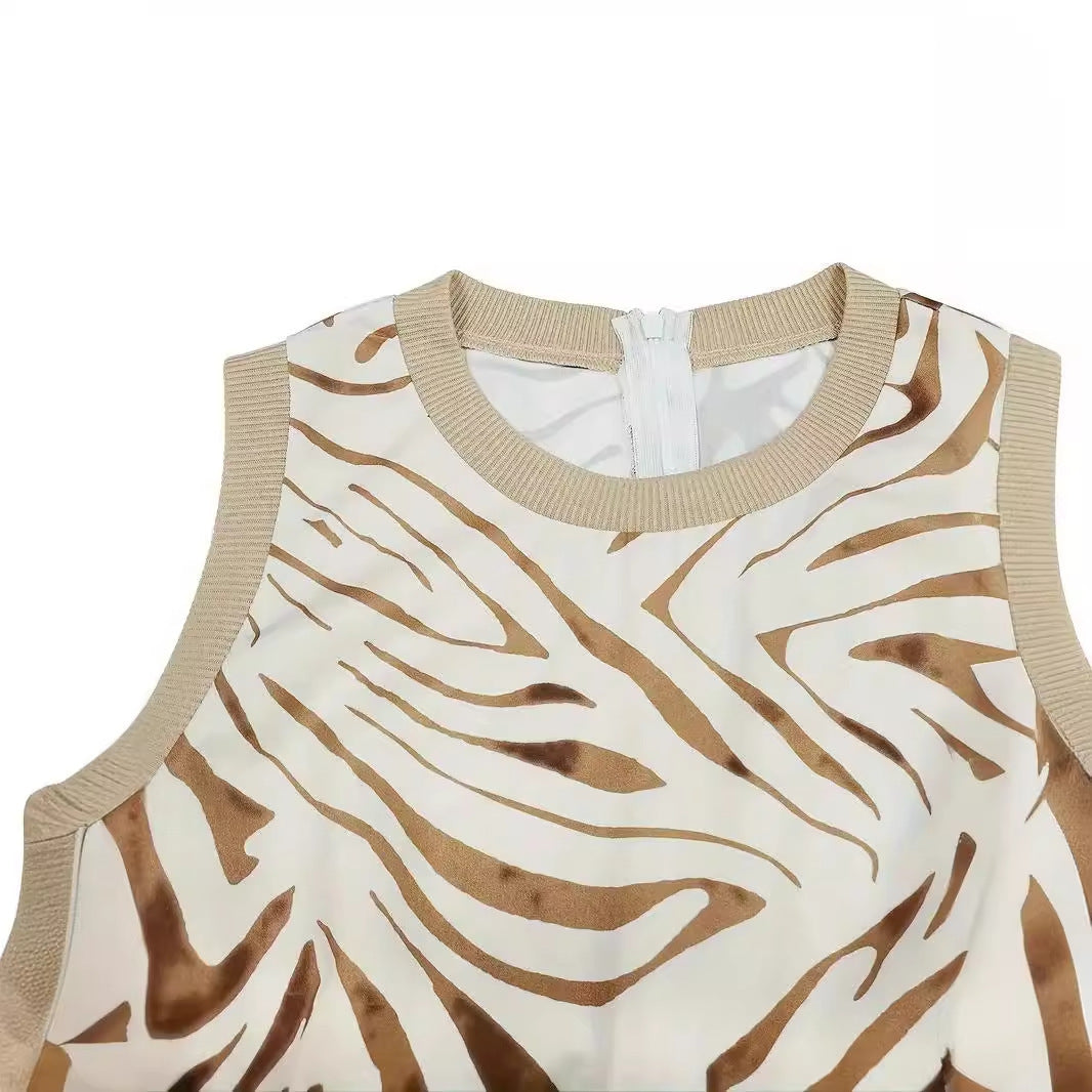 New Zebra Print Round Neck Sleeveless Dress Casual Vacation Style