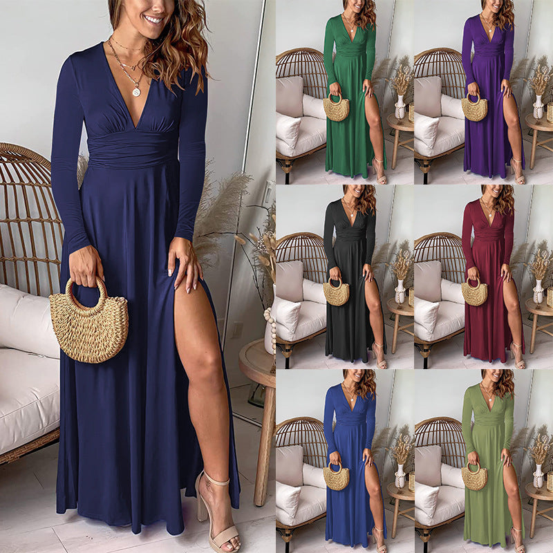 Deep V-neck Long Sleeve Dress Pleated Smocking High Waist Slit Club Party Evening Dress