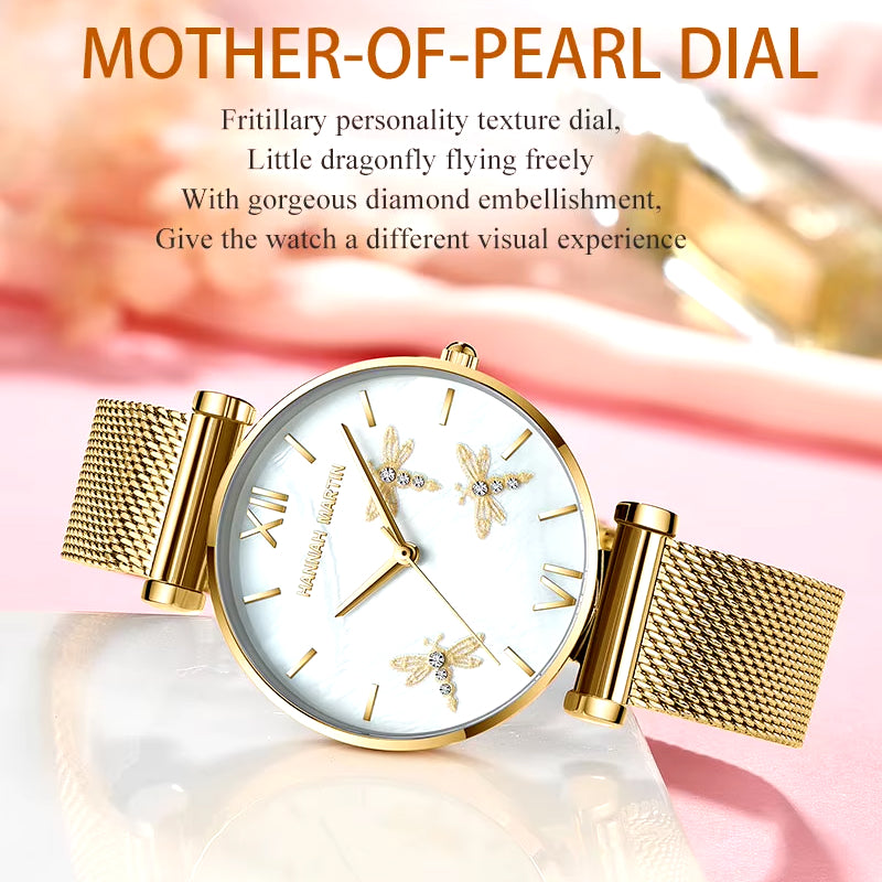 Dragonfly Design Watch with White Oyster Dial and Akoya Pearl Accents