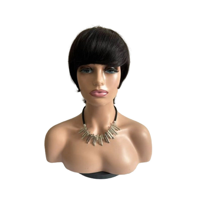 Short Straight Wig Women's Short Hair Head Cover Real Human Hair