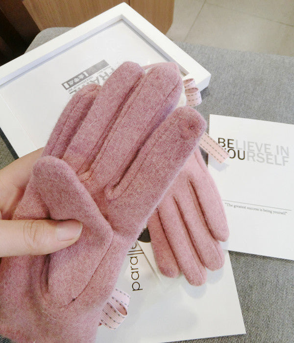 Cute Fashion Wool Five-Finger Bow Warm Gloves