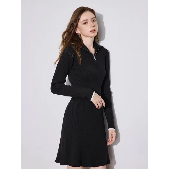 A-Line Slim Waist Knitted Dress with Zipper Collar