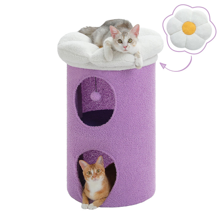 Cozy Flower Cat House with Pompom Ball - Double-Deck Cat Condo