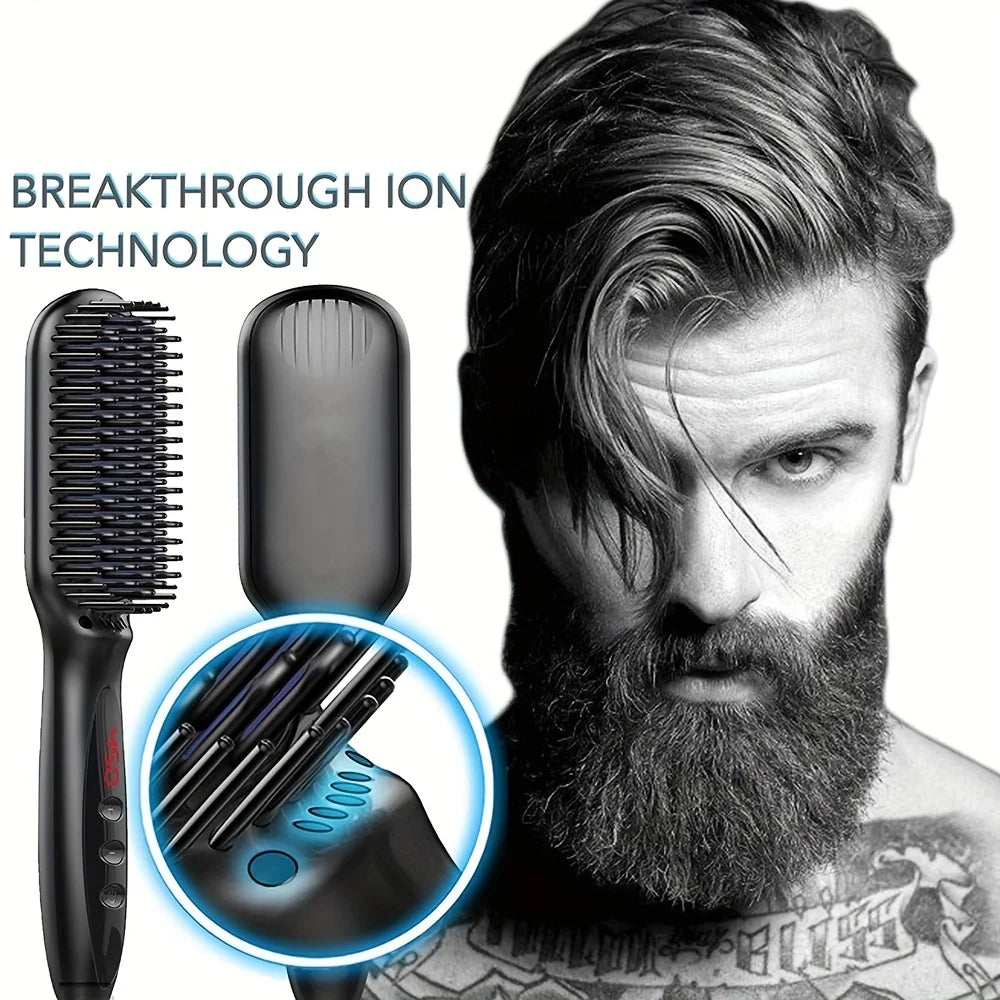 Ceramic Ionic Hair Straightener Brush - Fast Heating, Anti-Scald Hair & Beard Styler