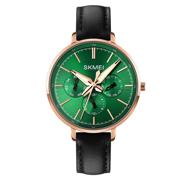 Fashion Six-pin Genuine Leather Women's Retro Round Quartz Watch