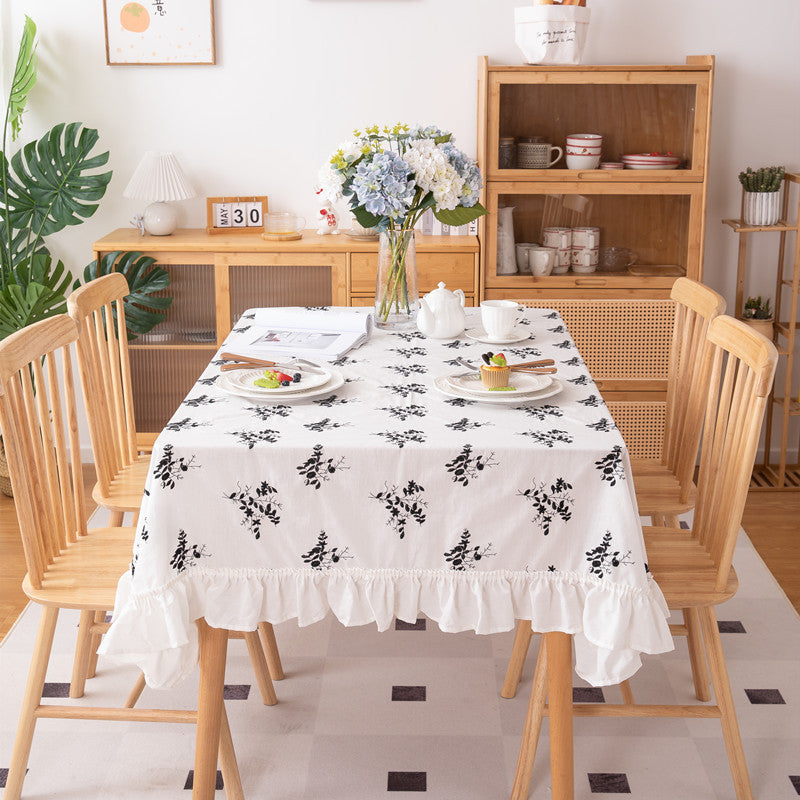 Embroidered Floral Cotton Tablecloth with Ruffled Edges