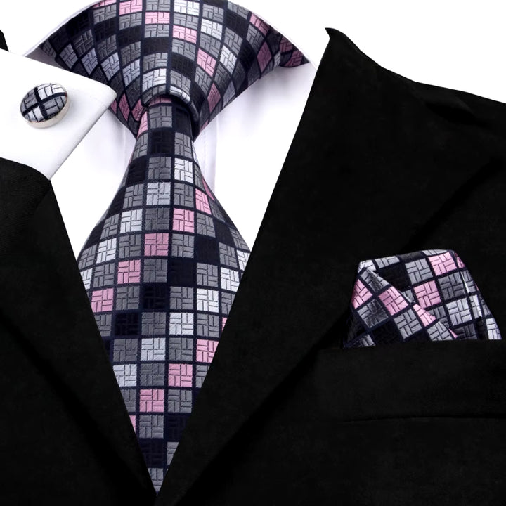 Elegant Grey Plaid Silk Tie Set with Cufflinks and Pocket Square