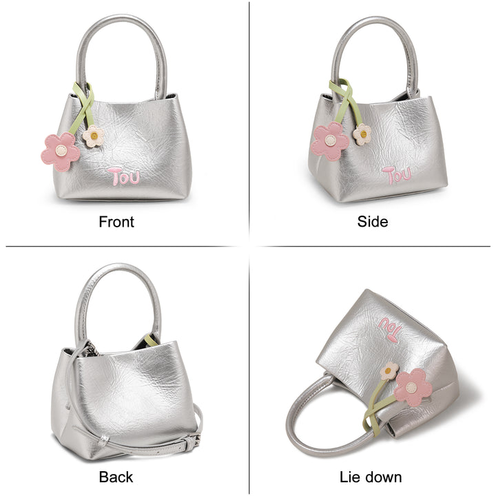 Women’s Flower Pendant Silver Bucket Bag