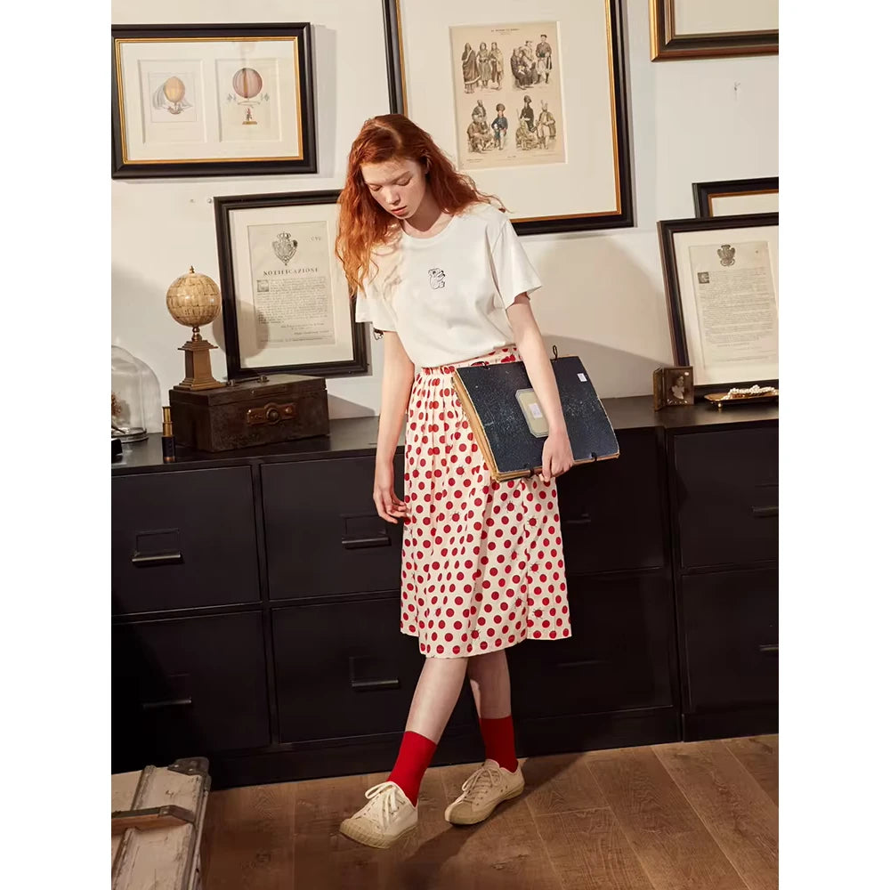 Women's Polka Dot A-line Cotton Skirt with Elastic Waist and Button Decoration