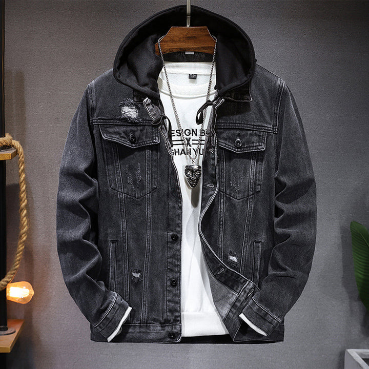 Men's Casual Jacket Hole Detachable Hooded Denim Jacket