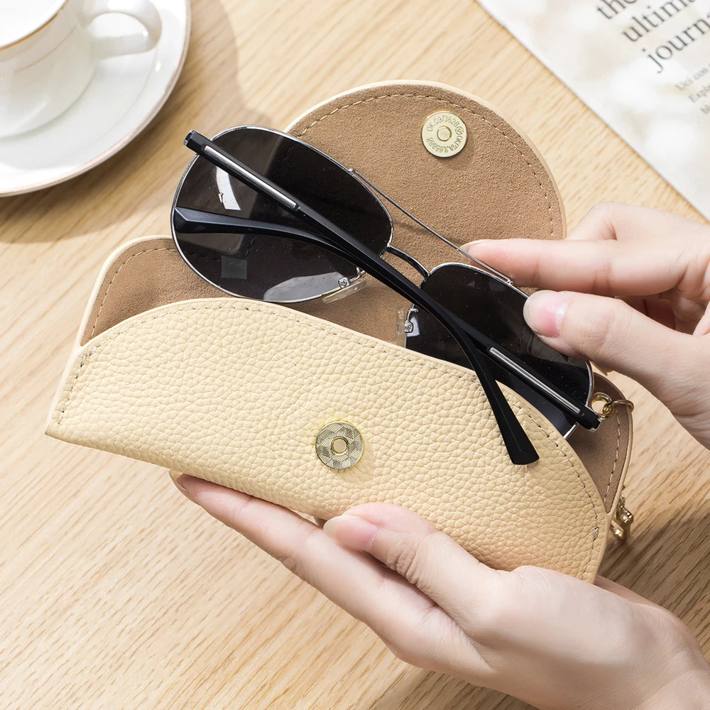 Women's Luxury Genuine Leather Sunglasses Case with Portable Chain