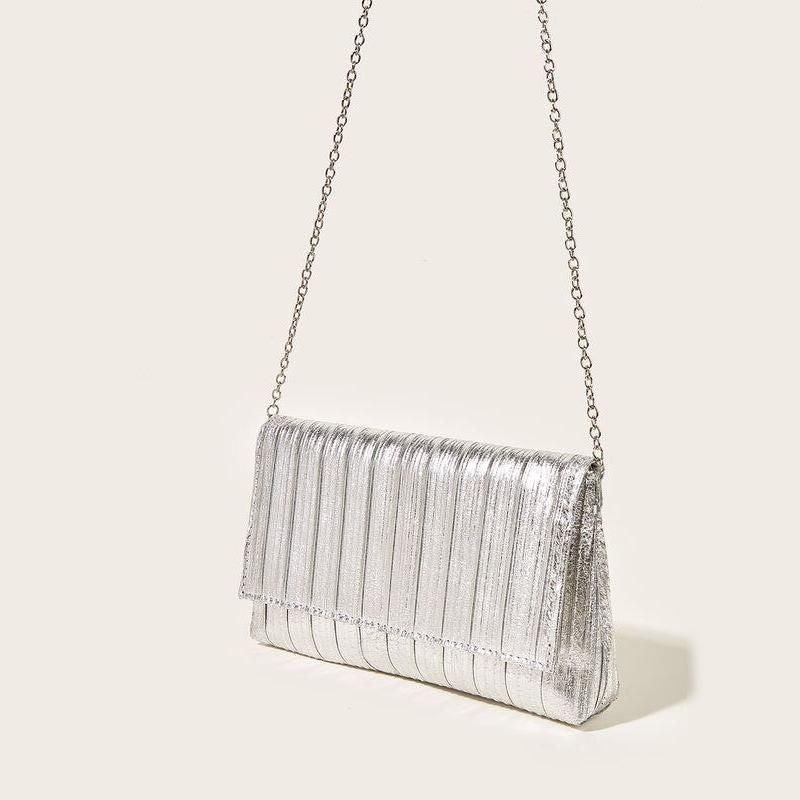 Shiny Silver Vegan Leather Evening Bag with Chain Strap