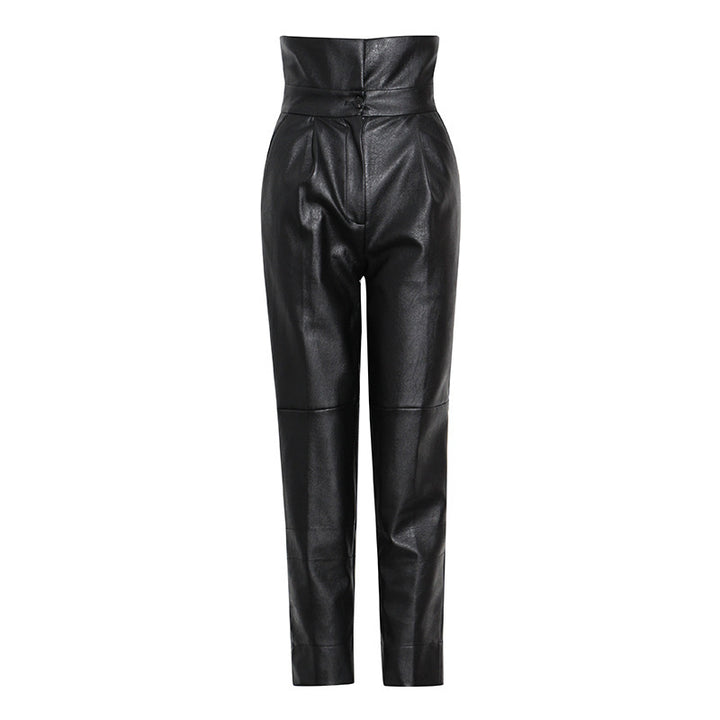 Fashion Temperament Casual High Waist PU Leather Pure Carrot Pants Women