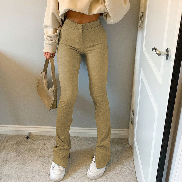 Pure color high waist skinny split casual pants women