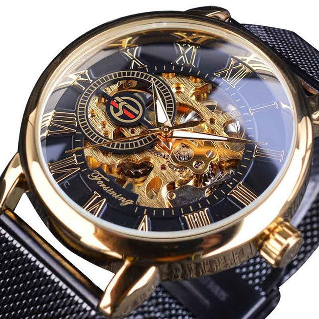 Fashion Casual Roman Numeral Mesh Belt Hollow Automatic Mechanical Watch