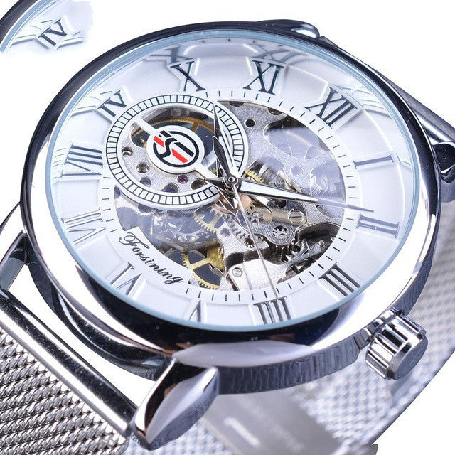 Fashion Casual Roman Numeral Mesh Belt Hollow Automatic Mechanical Watch