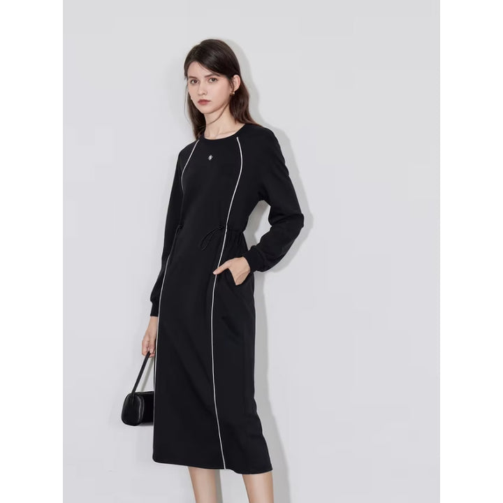 Sports Contrasting Color Pullover Dress with Drawstring Belt