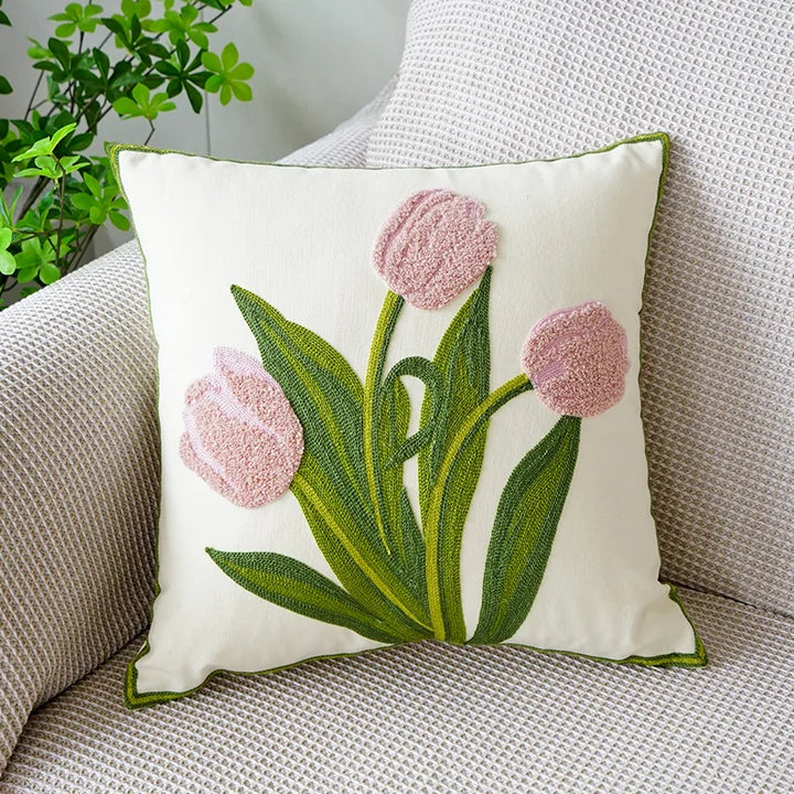 Floral Embroidered Tulip & Orchid Cushion Cover