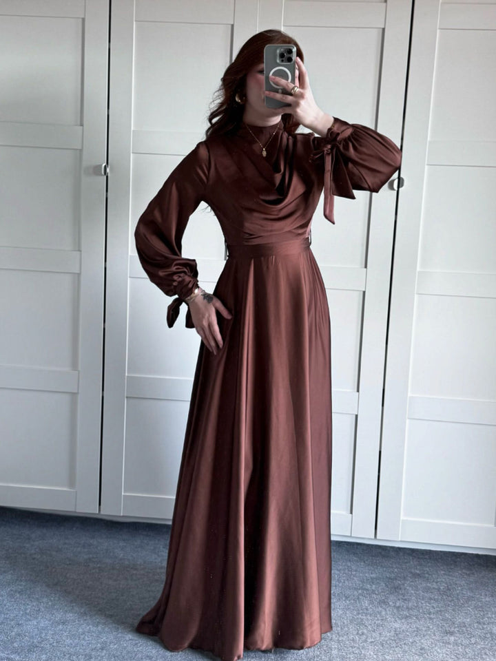 Satin Plunge Collar Long-Sleeve Strappy Maxi Dress