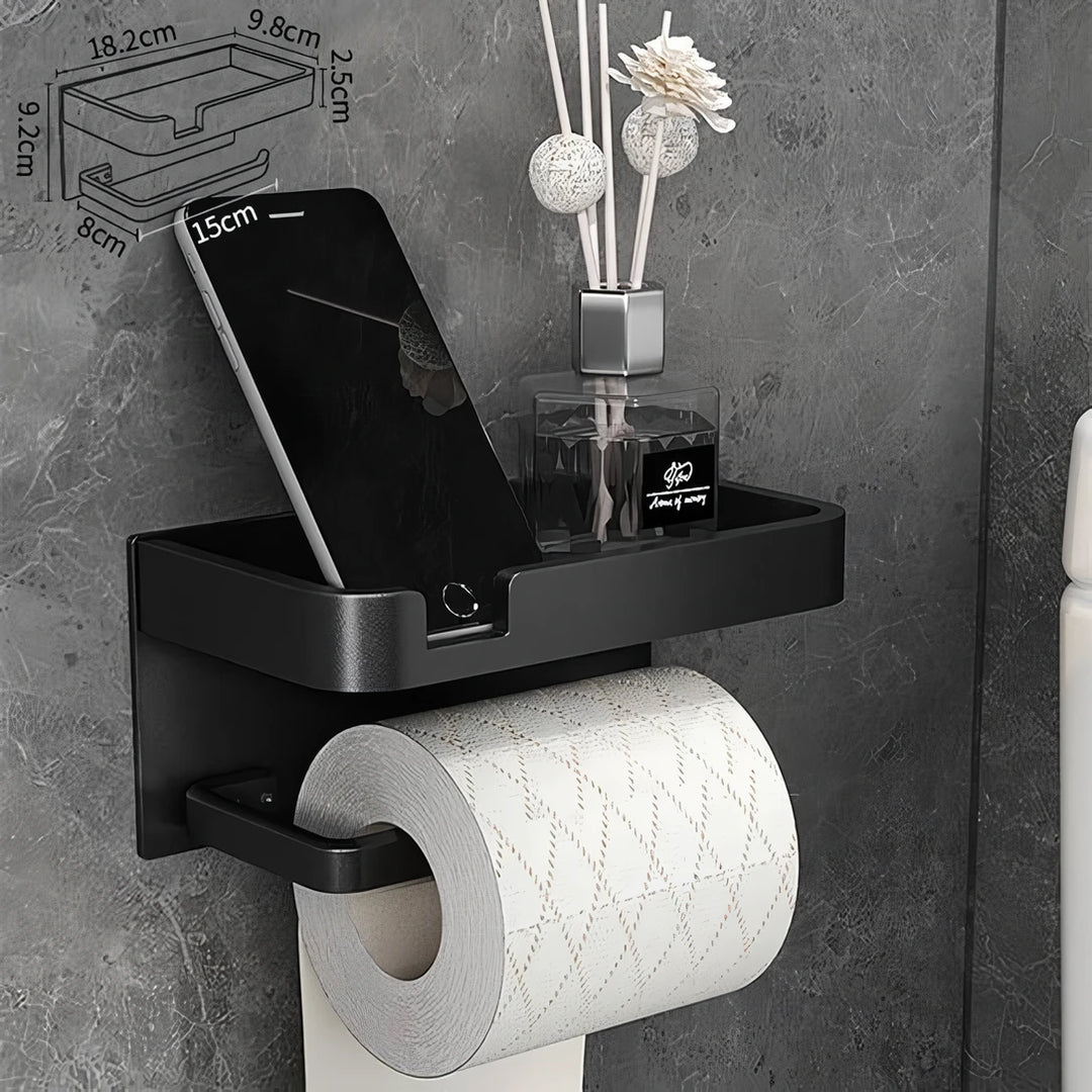 Black & Gold Aluminum Bathroom Paper Holder with Phone Shelf