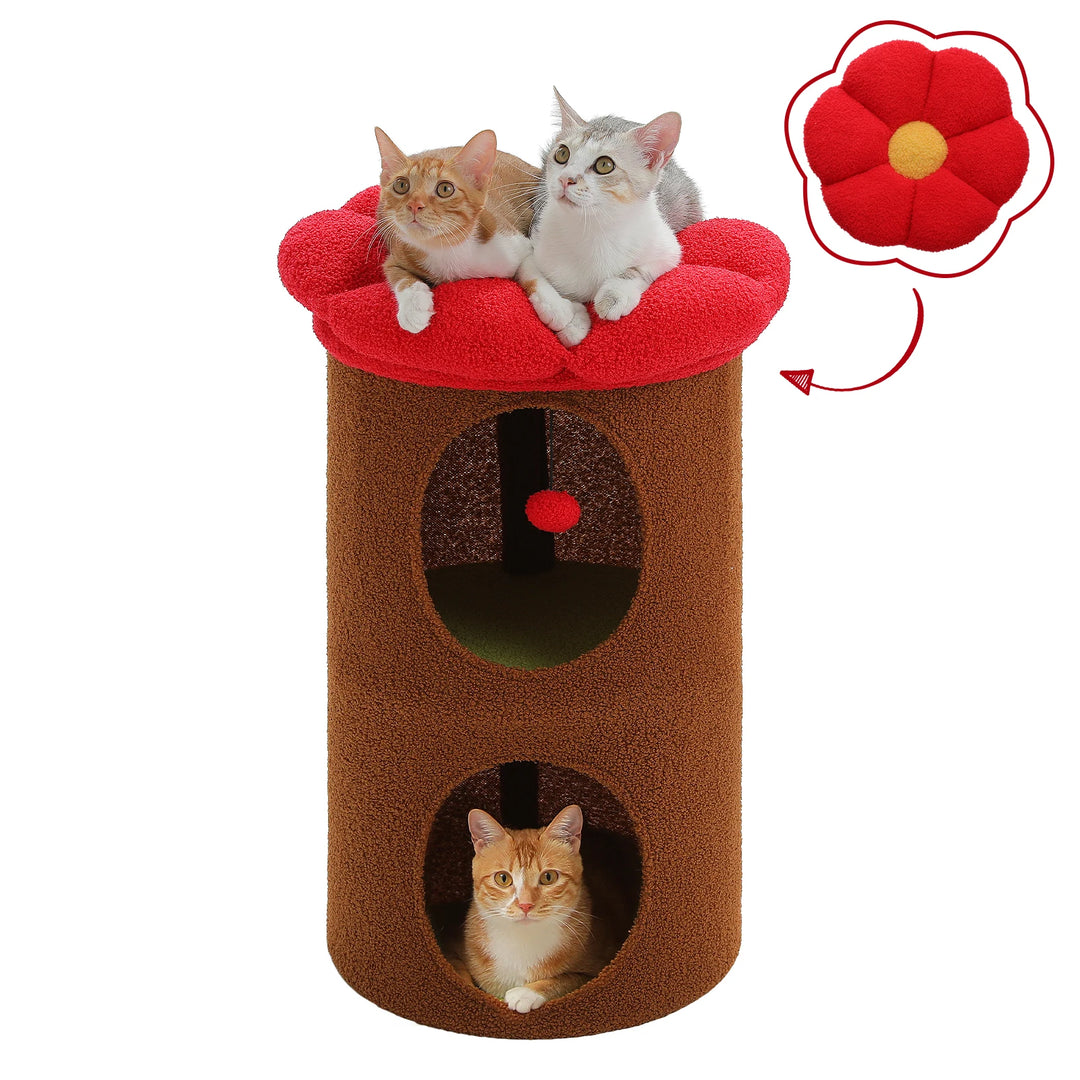 Cozy Flower Cat House with Pompom Ball - Double-Deck Cat Condo