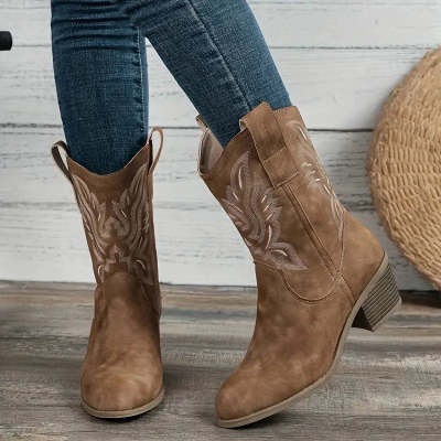Fashion Chunky-heeled Pointed Toe Boots Winter Ethnic Style Embroidered Mid-Tube Western Shoes Women
