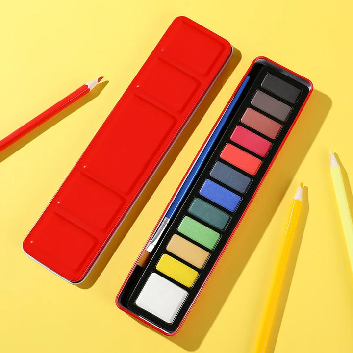 12/18/24 Colors Solid Watercolor Paint Set with Red Iron Box – Premium Gouache Watercolor for Kids &amp; Beginners