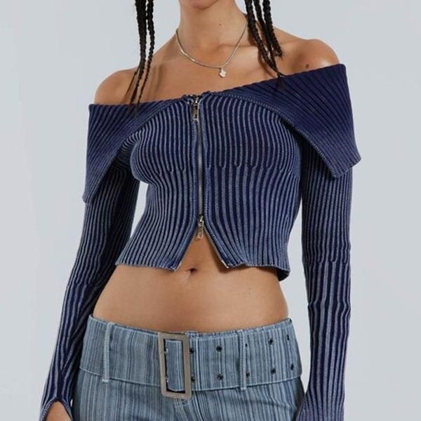 Blue Off-Shoulder Zip-Front Cropped Cardigan